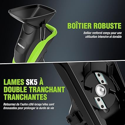 WORKPRO Broyeur de Végétaux Électrique 2500W, Coupe Max Fresh Branches 44 mm, Branches Sèches 30-35 mm, Lames SK5 Double Tranchant, 2 Sacs 45L, Trémie 7L, avec Sécateur et Roues 18 cm 7 WORKPRO Broyeur de Végétaux Électrique 2500W, Coupe Max Fresh Branches 44 mm, Branches Sèches 30-35 mm, Lames SK5 Double Tranchant, 2 Sacs 45L, Trémie 7L, avec Sécateur et Roues 18 cm