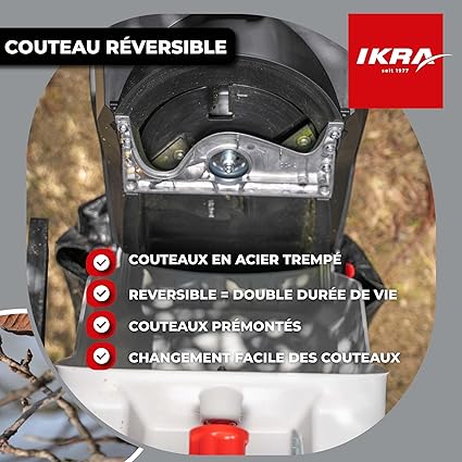 IKRA broyeur de végétaux électrique IMH 2800, sac de ramassage 45l inclus, 2800W, 2x couteaux réversibles de rechange & lunettes de protection inclus 5 IKRA broyeur de végétaux électrique IMH 2800, sac de ramassage 45l inclus, 2800W, 2x couteaux réversibles de rechange & lunettes de protection inclus