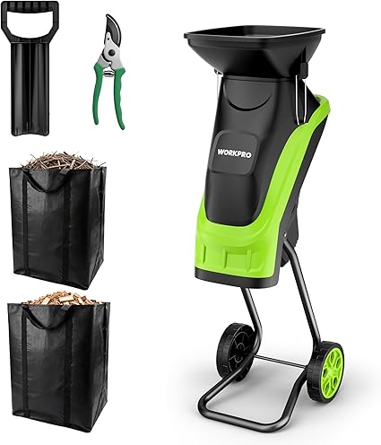 WORKPRO Broyeur de Végétaux Électrique 2500W, Coupe Max Fresh Branches 44 mm, Branches Sèches 30-35 mm, Lames SK5 Double Tranchant, 2 Sacs 45L, Trémie 7L, avec Sécateur et Roues 18 cm 3 WORKPRO Broyeur de Végétaux Électrique 2500W, Coupe Max Fresh Branches 44 mm, Branches Sèches 30-35 mm, Lames SK5 Double Tranchant, 2 Sacs 45L, Trémie 7L, avec Sécateur et Roues 18 cm