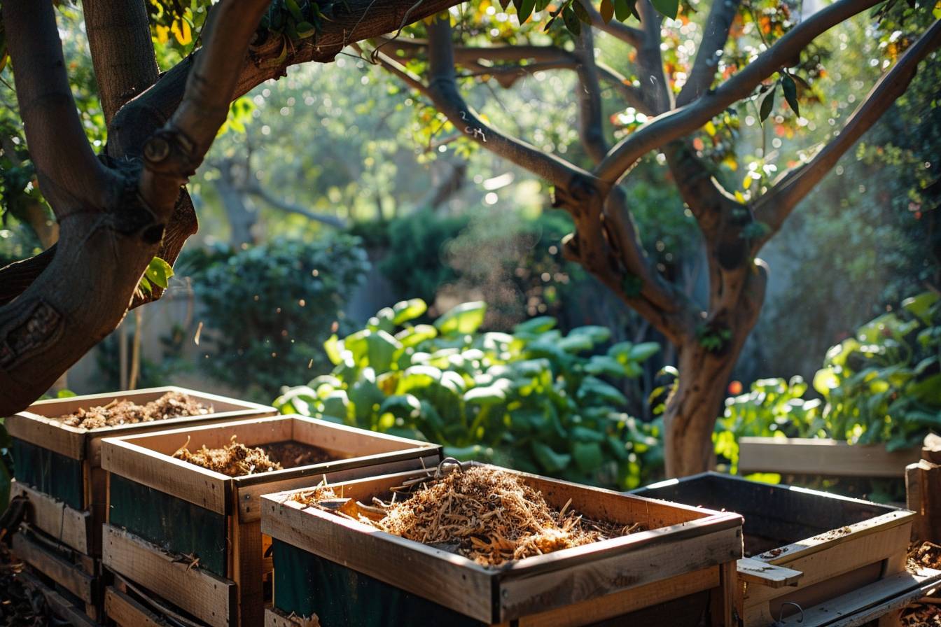 Broyeur de végétaux à côté d'un tas de compost