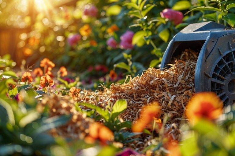 Broyeur de végétaux en action dans un jardin
