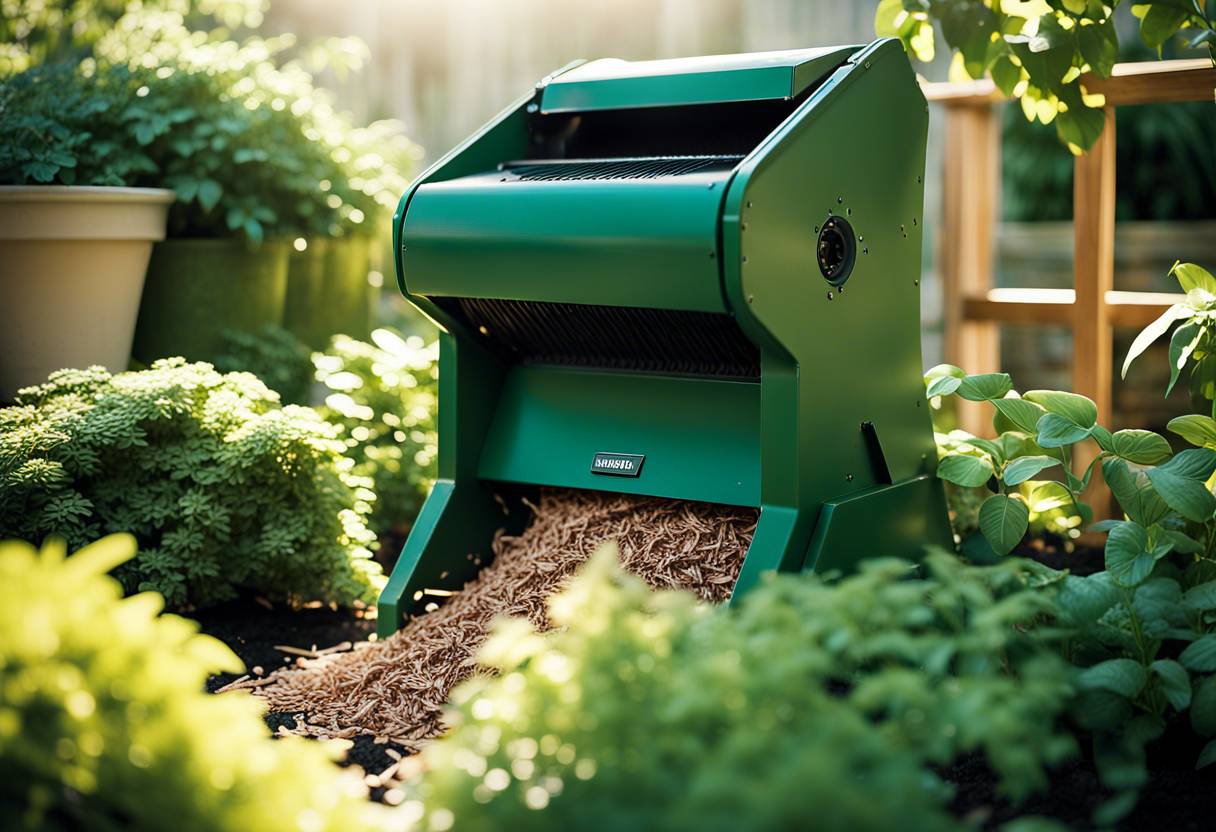Broyeur de végétaux en action dans un jardin fleuri