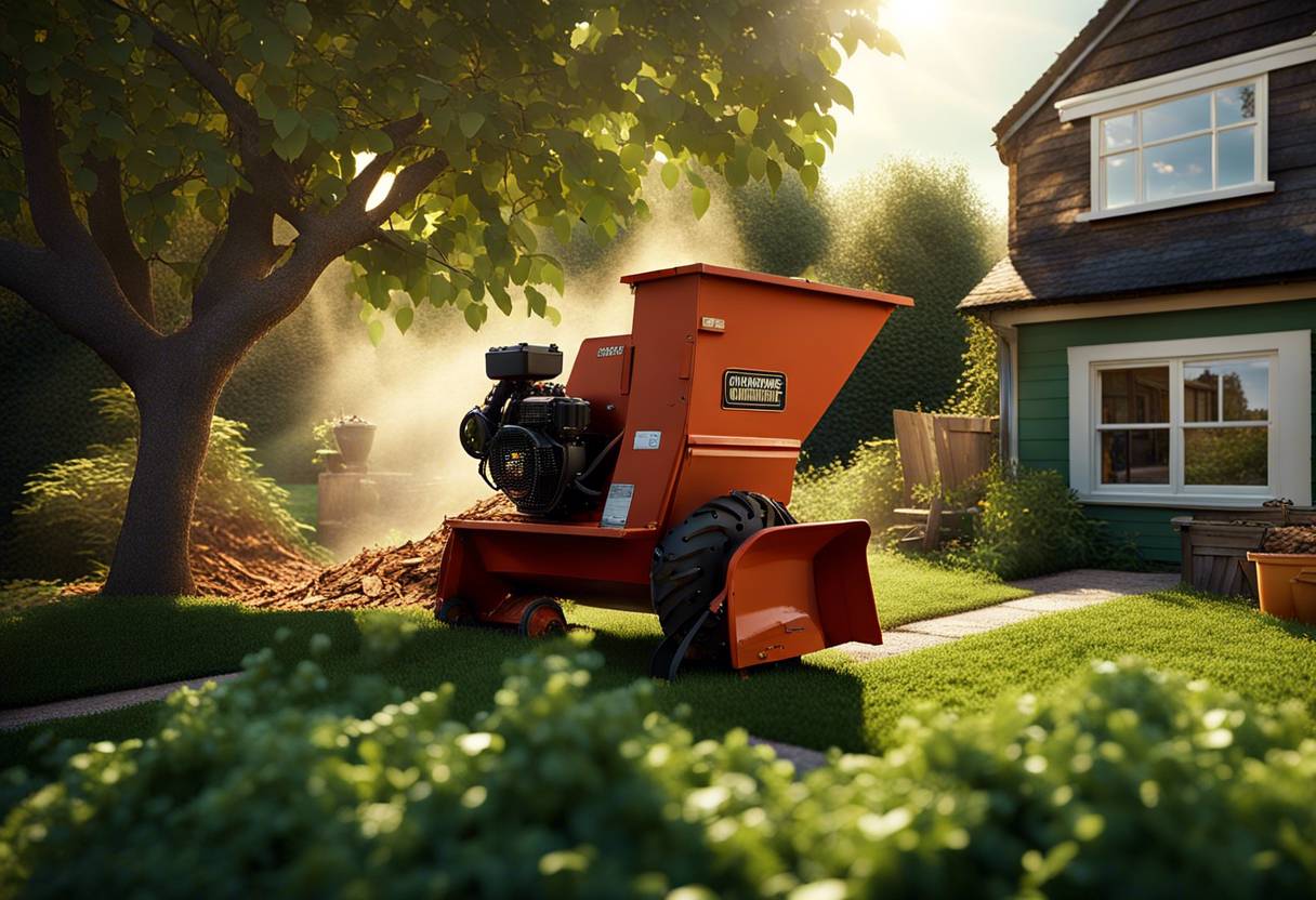 Broyeur de végétaux en action dans un jardin permacole