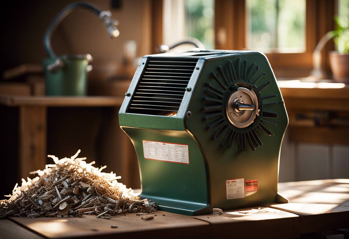 Broyeur de végétaux en panne sur fond de jardin